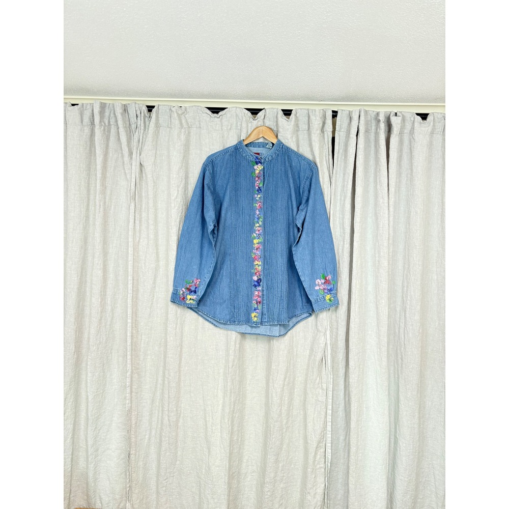 Vintage Hand Painted Floral Denim Shirt Womens XL Blue Cotto Pintuck Cottagecore